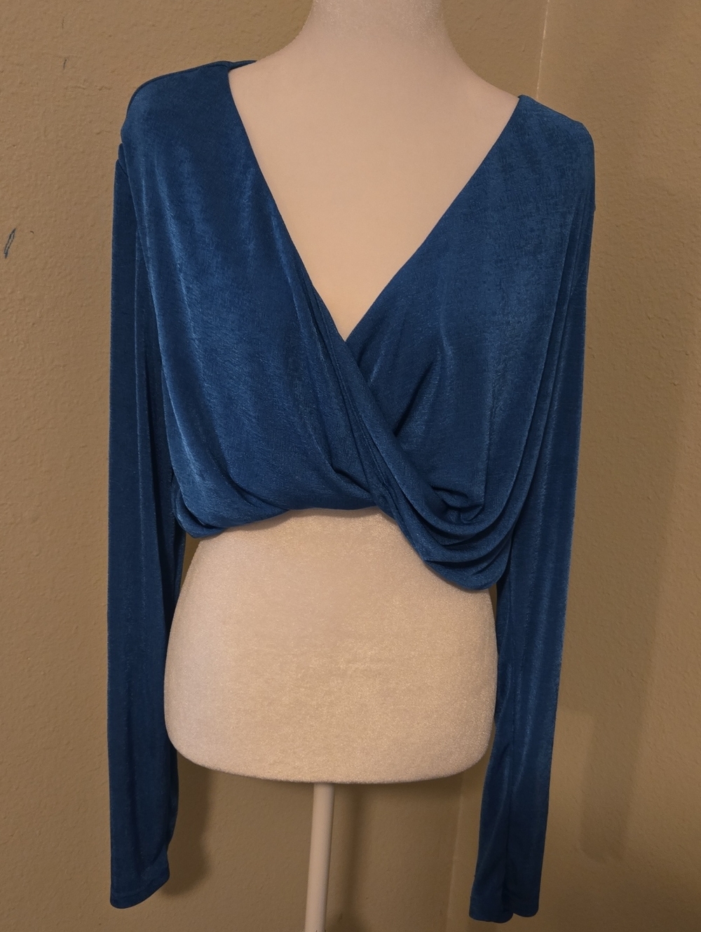 Teal Draped V-Neck Long Sleeve Top